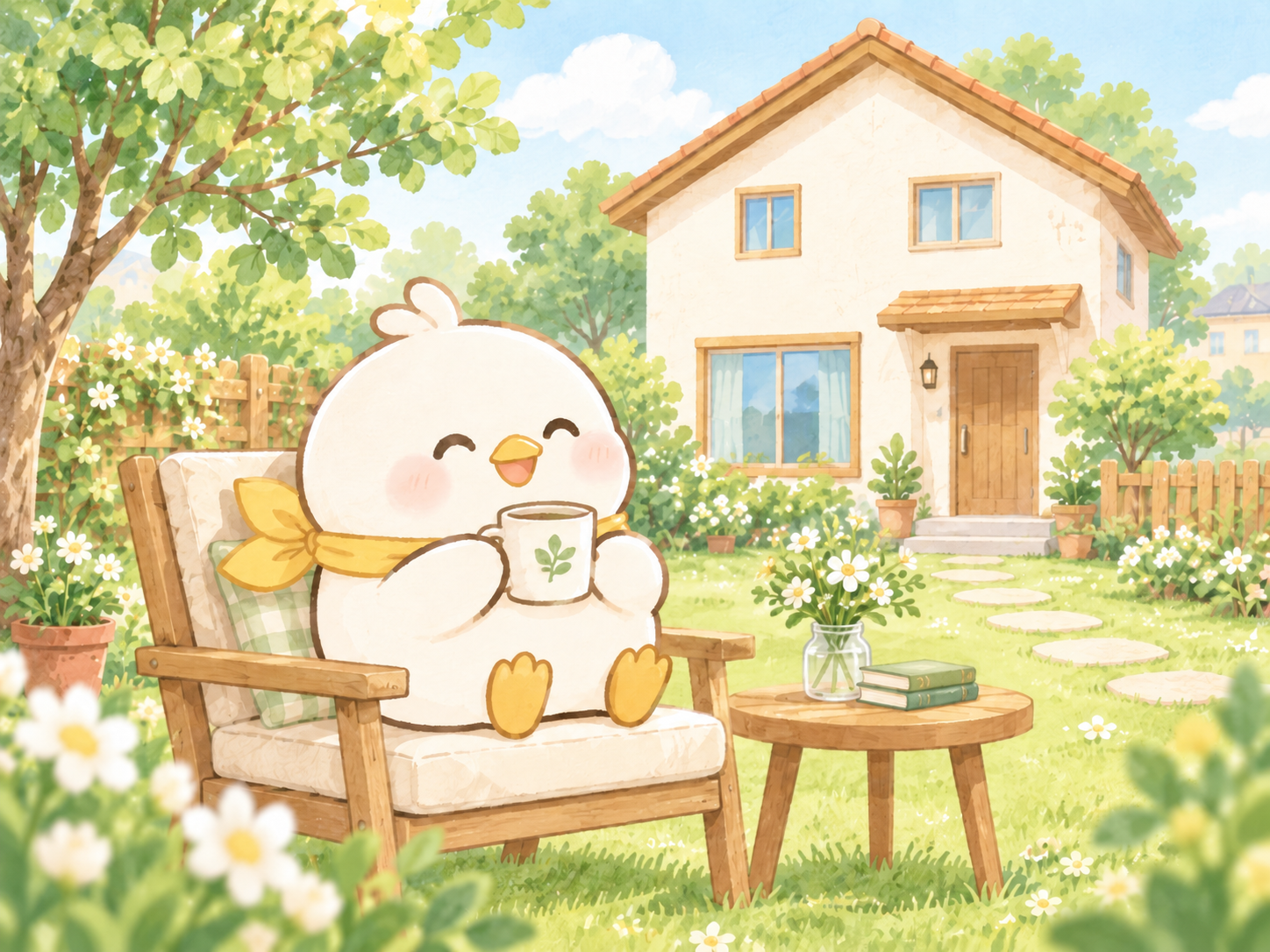 ナナちゃんが庭のある戸建てでお茶を楽しむイラスト