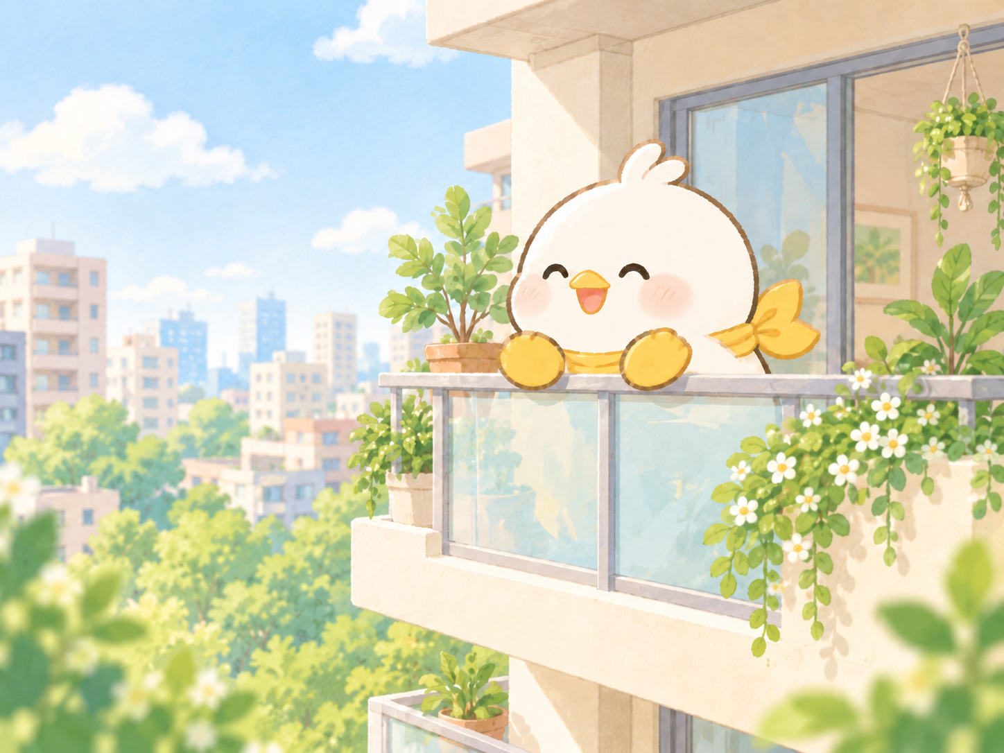 ナナちゃんがマンションのベランダから街を眺めるイラスト