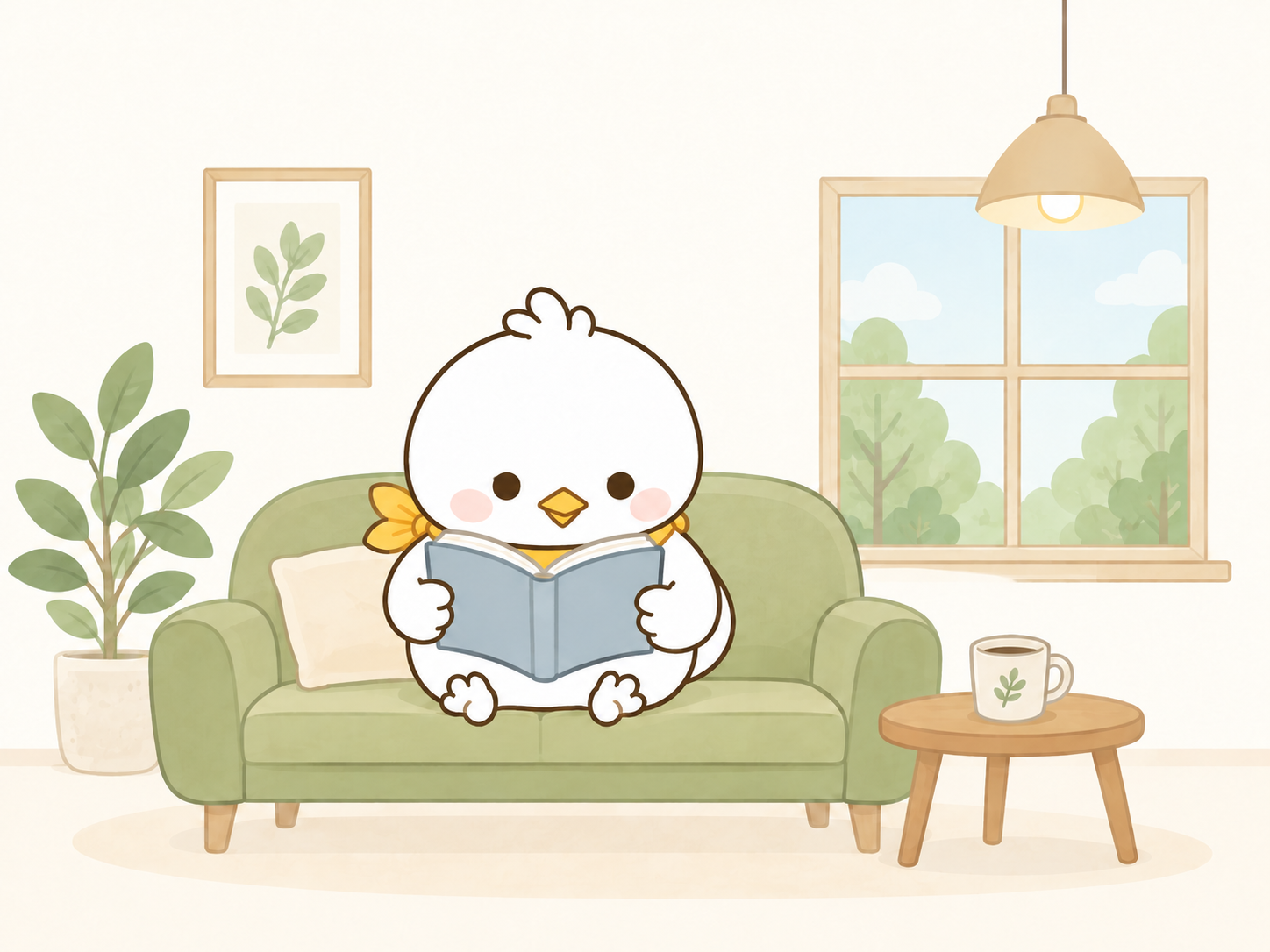 ソファで本を読む案内役のナナちゃん